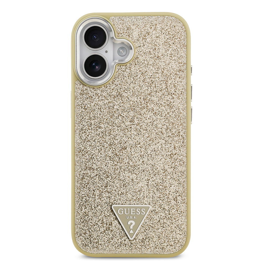 Apple iPhone 17 Kılıf Guess Orjinal Lisanslı M-safe Şarj Özellikli Metal Kamera Çerçeveli Üçgen Logolu Glitter Kapak Gold