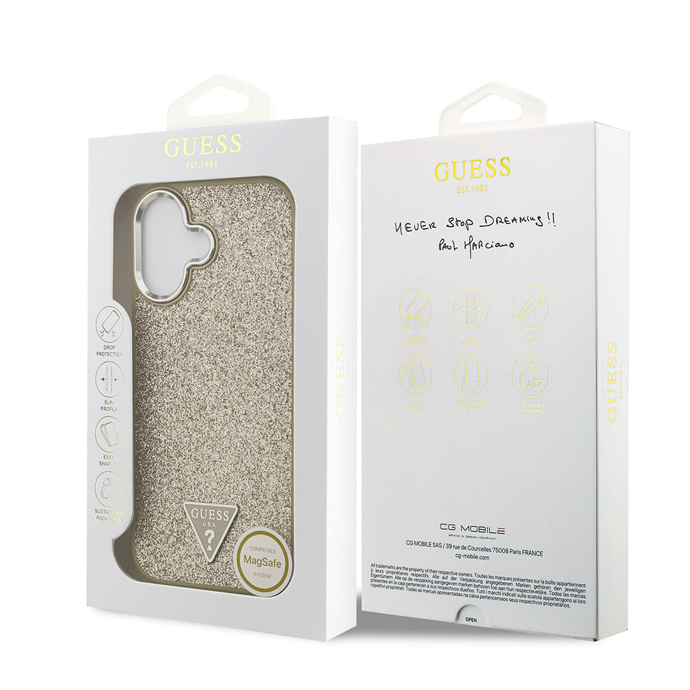 Apple iPhone 17 Kılıf Guess Orjinal Lisanslı M-safe Şarj Özellikli Metal Kamera Çerçeveli Üçgen Logolu Glitter Kapak Gold