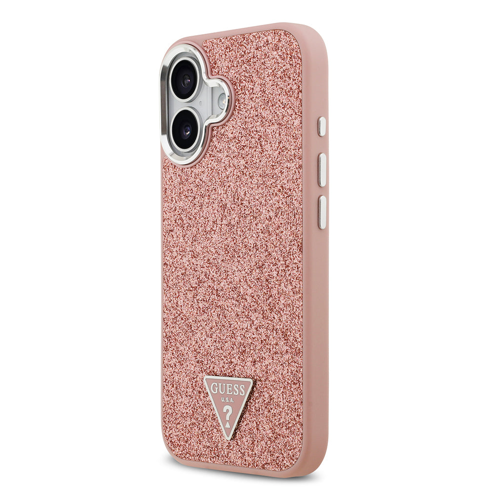 Apple iPhone 17 Kılıf Guess Orjinal Lisanslı M-safe Şarj Özellikli Metal Kamera Çerçeveli Üçgen Logolu Glitter Kapak Pembe