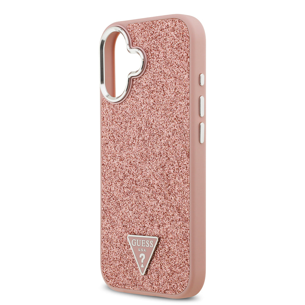 Apple iPhone 17 Kılıf Guess Orjinal Lisanslı M-safe Şarj Özellikli Metal Kamera Çerçeveli Üçgen Logolu Glitter Kapak Pembe