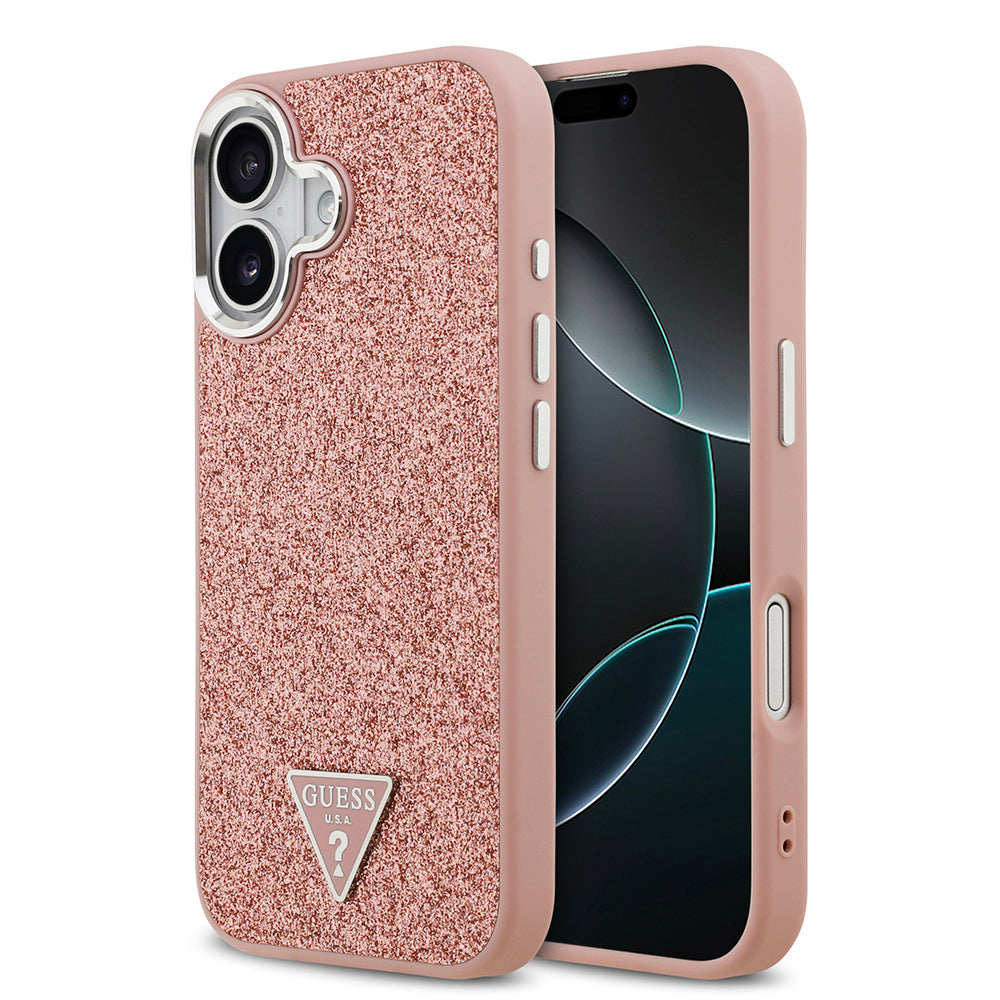 Apple iPhone 17 Kılıf Guess Orjinal Lisanslı M-safe Şarj Özellikli Metal Kamera Çerçeveli Üçgen Logolu Glitter Kapak Pembe