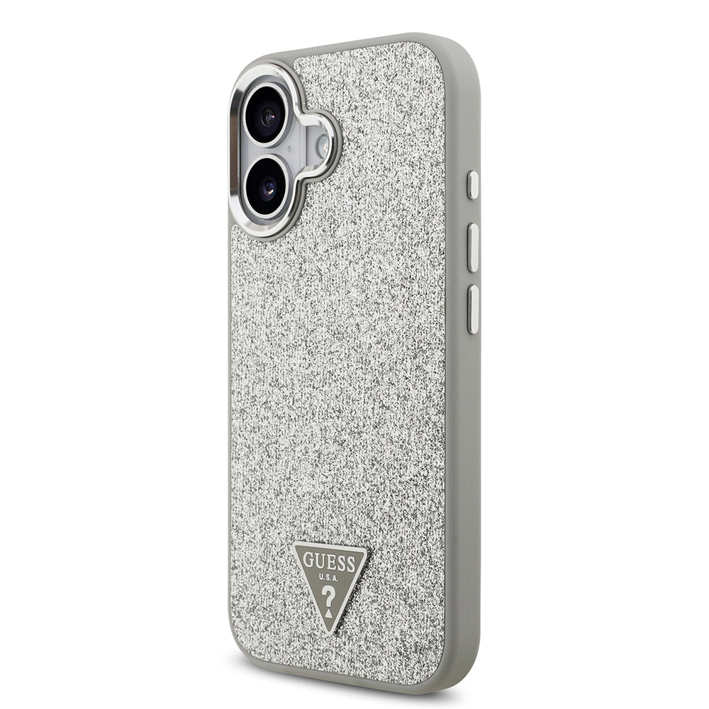 Apple iPhone 17 Kılıf Guess Orjinal Lisanslı M-safe Şarj Özellikli Metal Kamera Çerçeveli Üçgen Logolu Glitter Kapak Gri