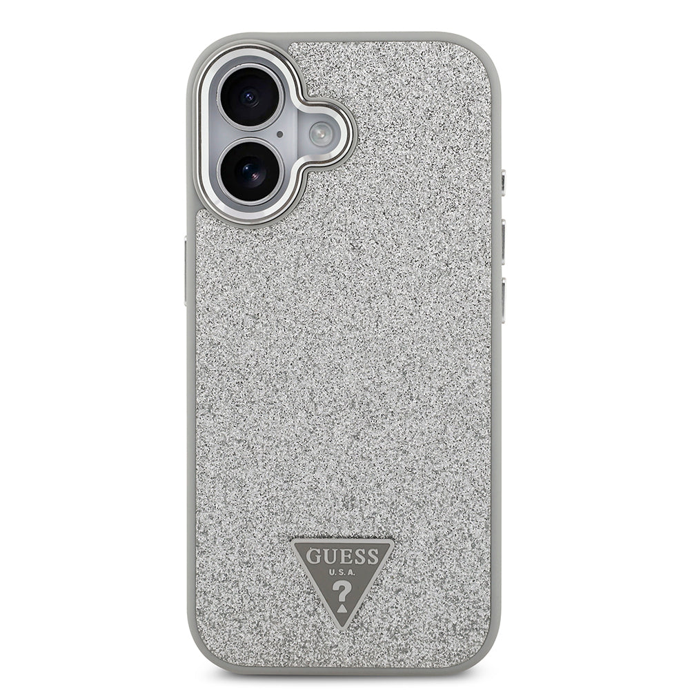 Apple iPhone 17 Kılıf Guess Orjinal Lisanslı M-safe Şarj Özellikli Metal Kamera Çerçeveli Üçgen Logolu Glitter Kapak Gri