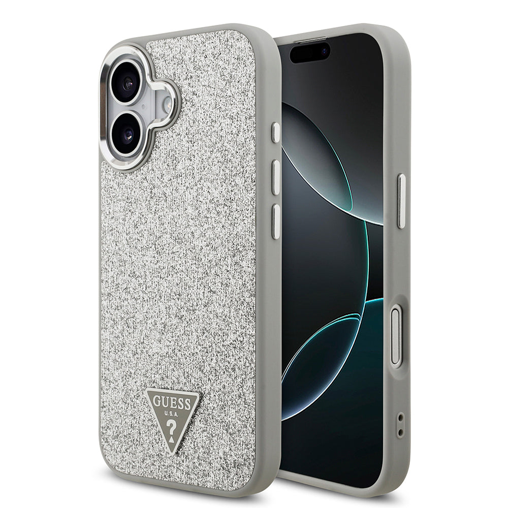 Apple iPhone 17 Kılıf Guess Orjinal Lisanslı M-safe Şarj Özellikli Metal Kamera Çerçeveli Üçgen Logolu Glitter Kapak Gri
