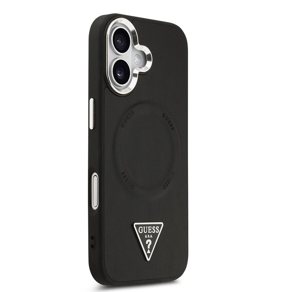 Apple iPhone 17 Kılıf Guess Orjinal Lisanslı M-safe Şarj Özellikli PU Deri Metal Kamera Çerçeveli Üçgen Logolu Kapak Siyah