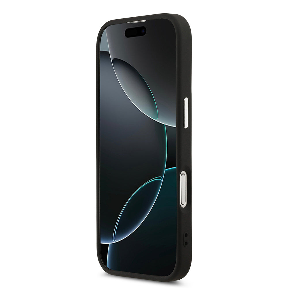 Apple iPhone 17 Kılıf Guess Orjinal Lisanslı M-safe Şarj Özellikli PU Deri Metal Kamera Çerçeveli Üçgen Logolu Kapak Siyah
