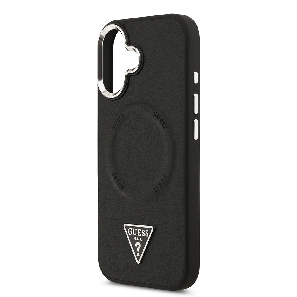 Apple iPhone 17 Kılıf Guess Orjinal Lisanslı M-safe Şarj Özellikli PU Deri Metal Kamera Çerçeveli Üçgen Logolu Kapak Siyah