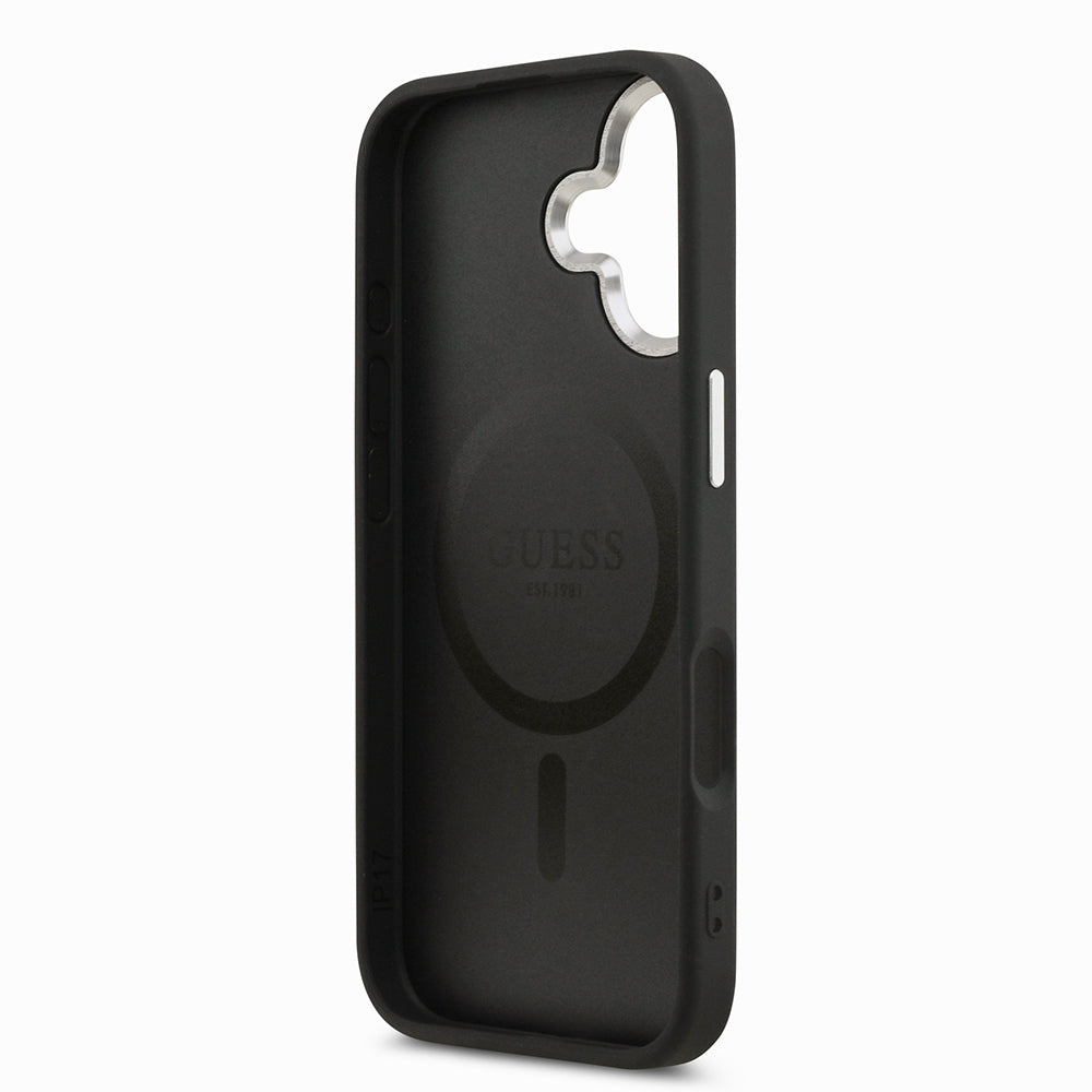 Apple iPhone 17 Kılıf Guess Orjinal Lisanslı M-safe Şarj Özellikli PU Deri Metal Kamera Çerçeveli Üçgen Logolu Kapak Siyah