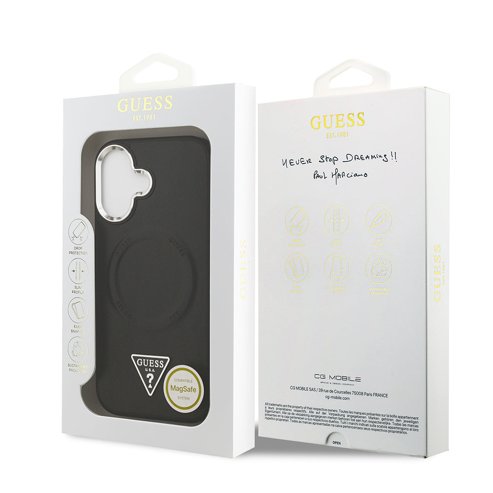Apple iPhone 17 Kılıf Guess Orjinal Lisanslı M-safe Şarj Özellikli PU Deri Metal Kamera Çerçeveli Üçgen Logolu Kapak Siyah