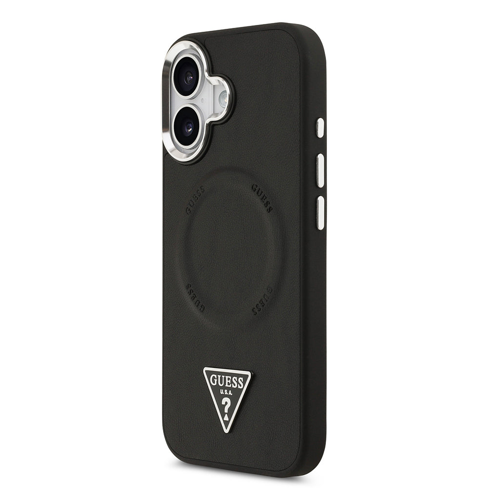 Apple iPhone 17 Kılıf Guess Orjinal Lisanslı M-safe Şarj Özellikli PU Deri Metal Kamera Çerçeveli Üçgen Logolu Kapak Siyah