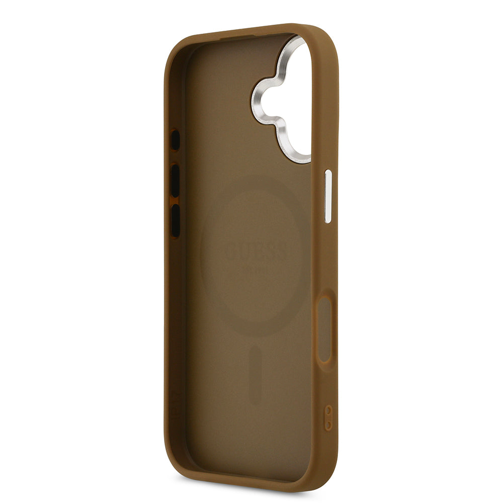Apple iPhone 17 Kılıf Guess Orjinal Lisanslı M-safe Şarj Özellikli PU Deri Metal Kamera Çerçeveli Üçgen Logolu Kapak Kahverengi