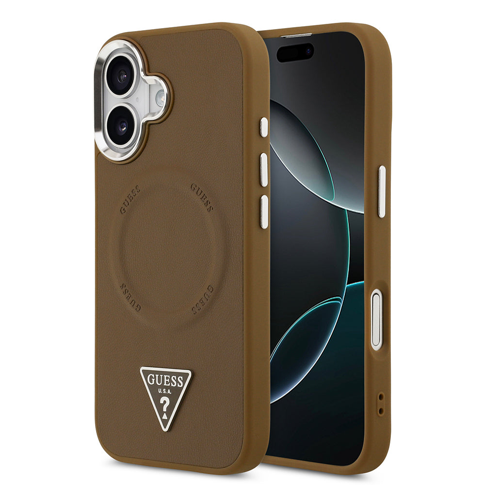 Apple iPhone 17 Kılıf Guess Orjinal Lisanslı M-safe Şarj Özellikli PU Deri Metal Kamera Çerçeveli Üçgen Logolu Kapak Kahverengi