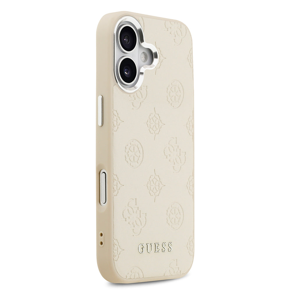 Apple iPhone 17 Kılıf Guess Orjinal Lisanslı M-safe Şarj Özellikli Sıcak Baskılı Klasik Yazı Logolu PU Deri Peony Kapak Bej