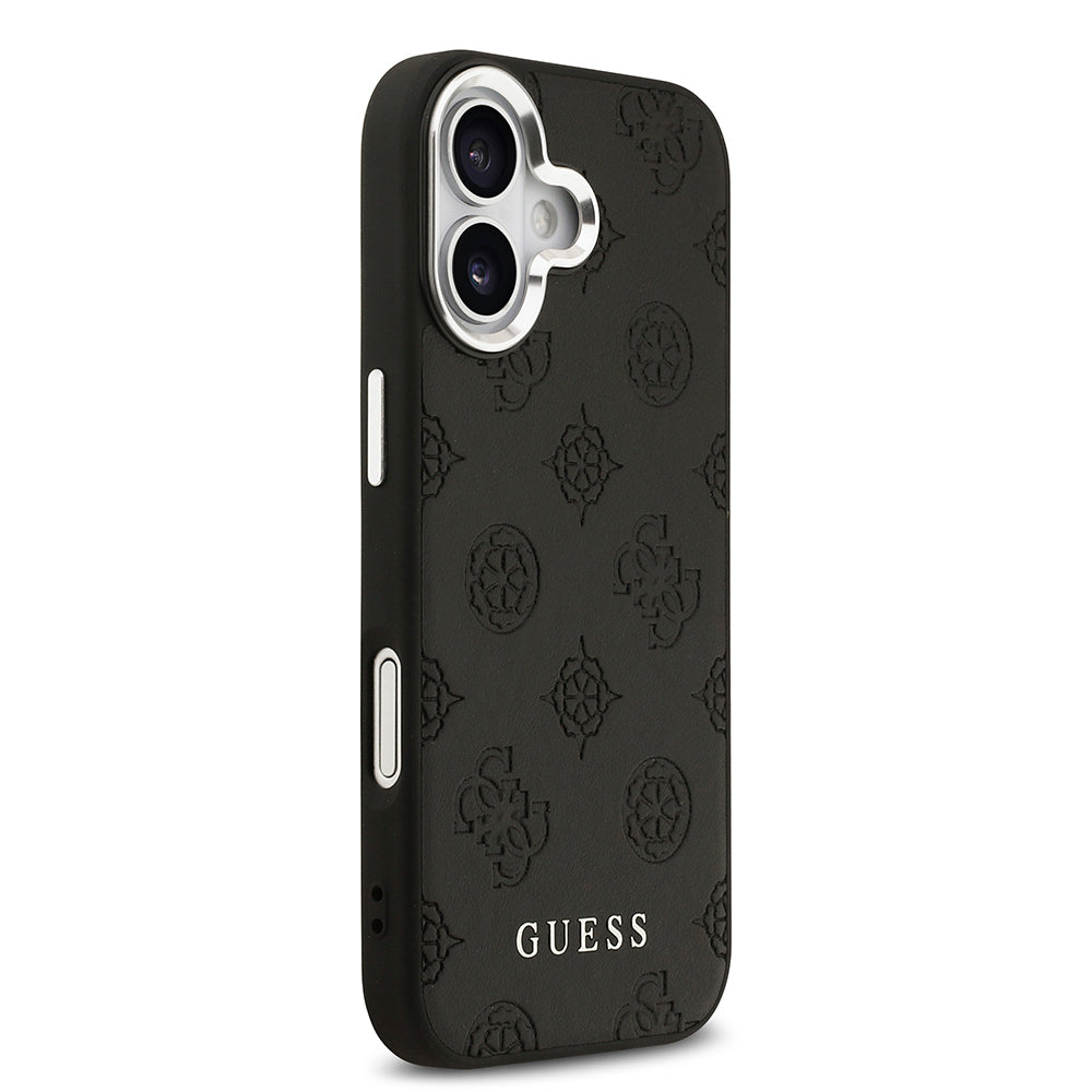 Apple iPhone 17 Kılıf Guess Orjinal Lisanslı M-safe Şarj Özellikli Sıcak Baskılı Klasik Yazı Logolu PU Deri Peony Kapak Siyah