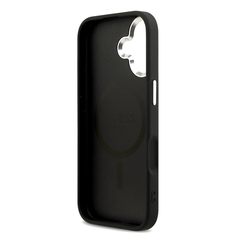Apple iPhone 17 Kılıf Guess Orjinal Lisanslı M-safe Şarj Özellikli Sıcak Baskılı Klasik Yazı Logolu PU Deri Peony Kapak Siyah