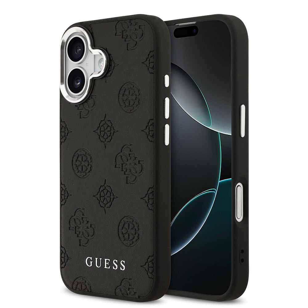 Apple iPhone 17 Kılıf Guess Orjinal Lisanslı M-safe Şarj Özellikli Sıcak Baskılı Klasik Yazı Logolu PU Deri Peony Kapak Siyah
