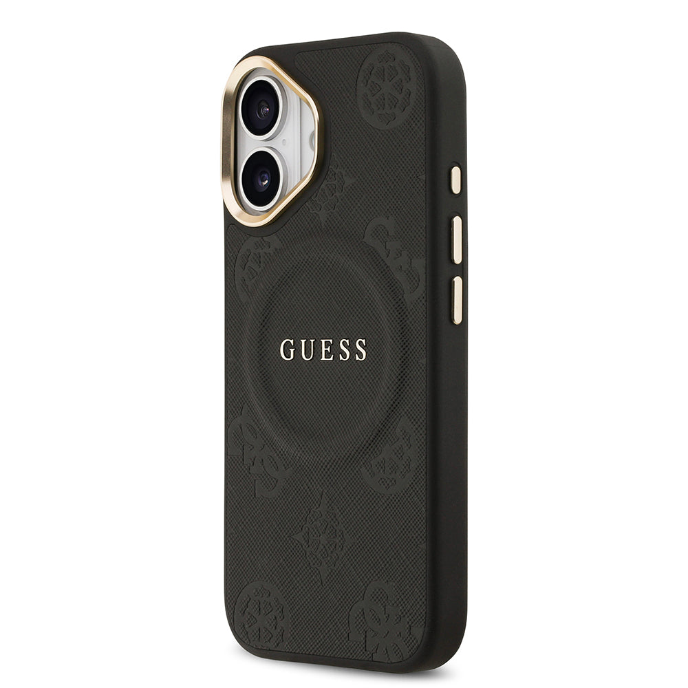 Apple iPhone 17 Kılıf Guess Orjinal Lisanslı M-safe Şarj Özellikli Sıcak Baskılı Yazı Logolu PU Deri Peony Kapak Siyah