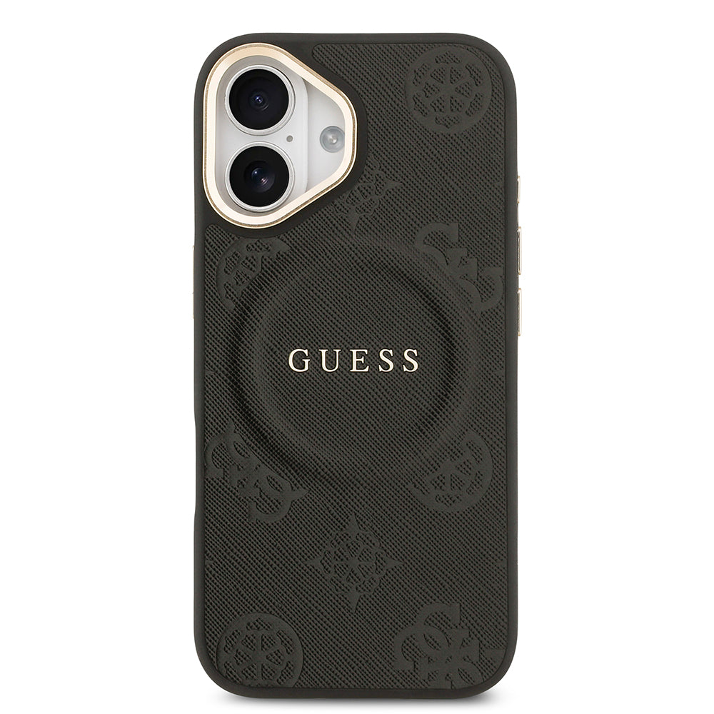 Apple iPhone 17 Kılıf Guess Orjinal Lisanslı M-safe Şarj Özellikli Sıcak Baskılı Yazı Logolu PU Deri Peony Kapak Siyah
