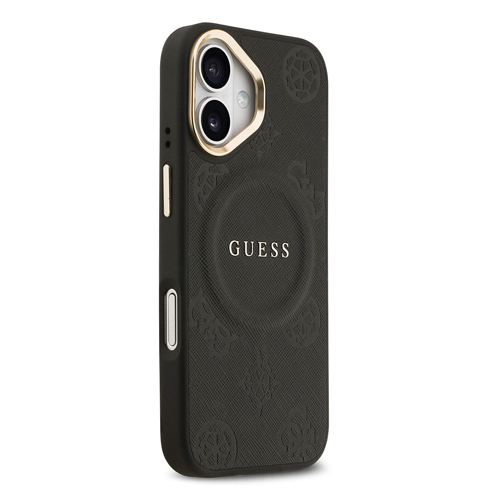 Apple iPhone 17 Kılıf Guess Orjinal Lisanslı M-safe Şarj Özellikli Sıcak Baskılı Yazı Logolu PU Deri Peony Kapak Siyah