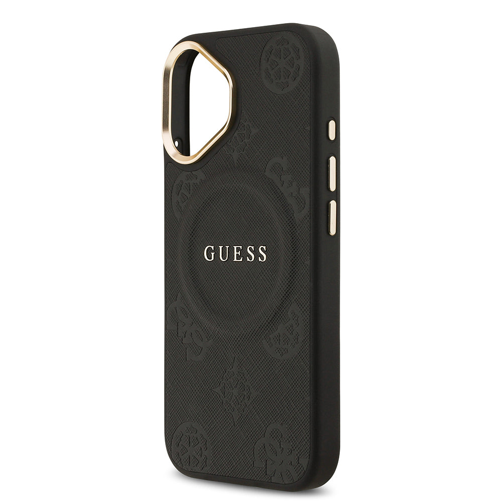 Apple iPhone 17 Kılıf Guess Orjinal Lisanslı M-safe Şarj Özellikli Sıcak Baskılı Yazı Logolu PU Deri Peony Kapak Siyah