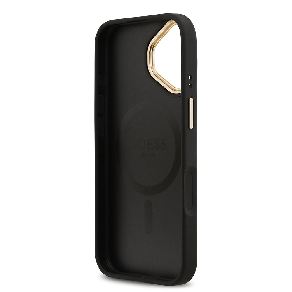 Apple iPhone 17 Kılıf Guess Orjinal Lisanslı M-safe Şarj Özellikli Sıcak Baskılı Yazı Logolu PU Deri Peony Kapak Siyah
