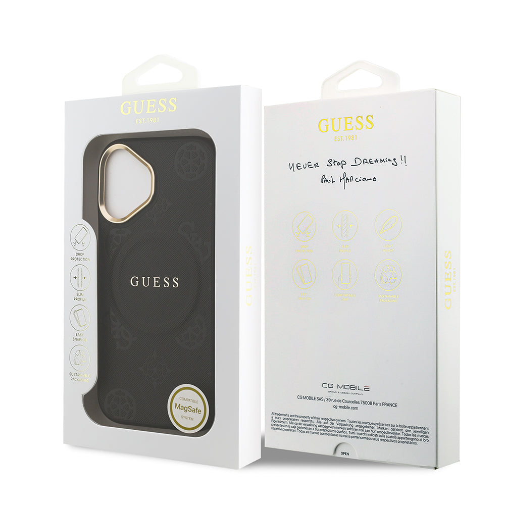 Apple iPhone 17 Kılıf Guess Orjinal Lisanslı M-safe Şarj Özellikli Sıcak Baskılı Yazı Logolu PU Deri Peony Kapak Siyah