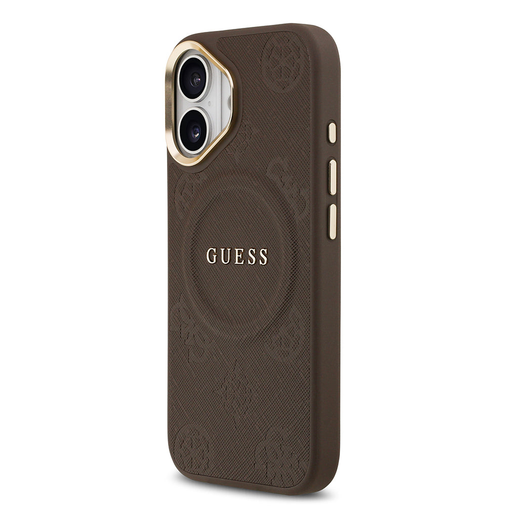 Apple iPhone 17 Kılıf Guess Orjinal Lisanslı M-safe Şarj Özellikli Sıcak Baskılı Yazı Logolu PU Deri Peony Kapak Kahverengi