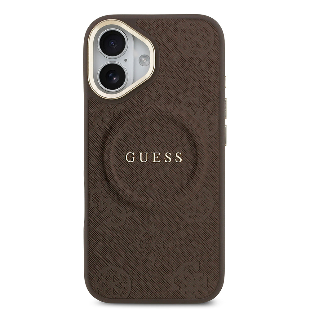 Apple iPhone 17 Kılıf Guess Orjinal Lisanslı M-safe Şarj Özellikli Sıcak Baskılı Yazı Logolu PU Deri Peony Kapak Kahverengi