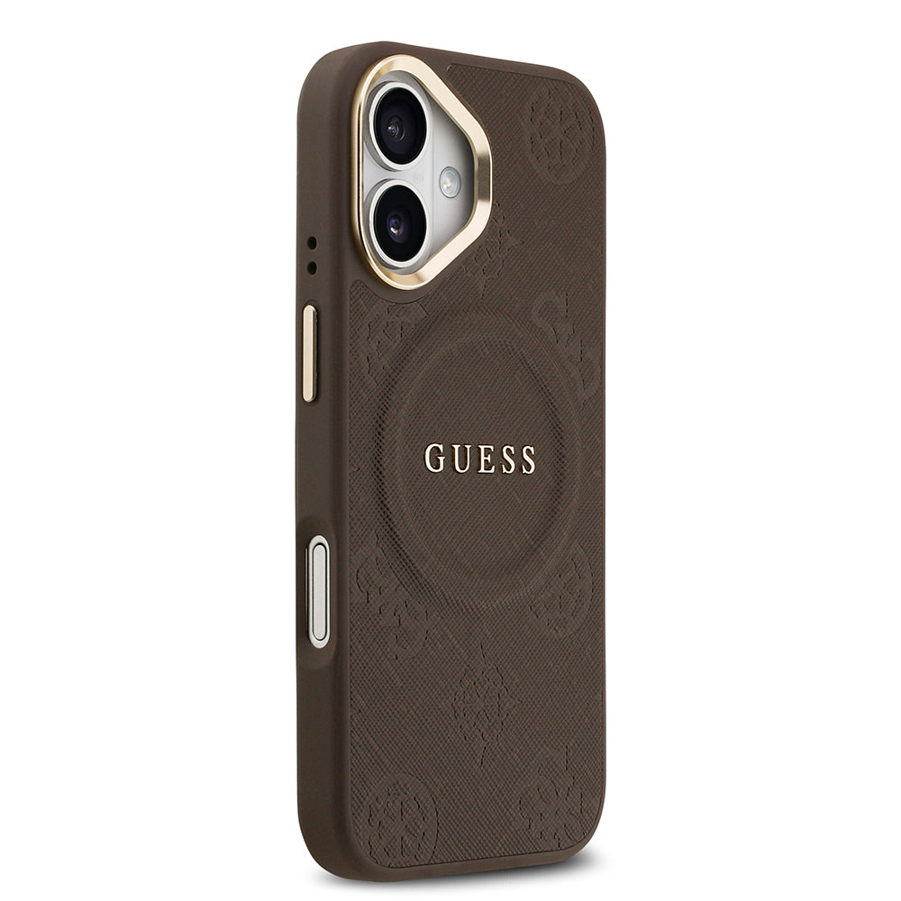 Apple iPhone 17 Kılıf Guess Orjinal Lisanslı M-safe Şarj Özellikli Sıcak Baskılı Yazı Logolu PU Deri Peony Kapak Kahverengi