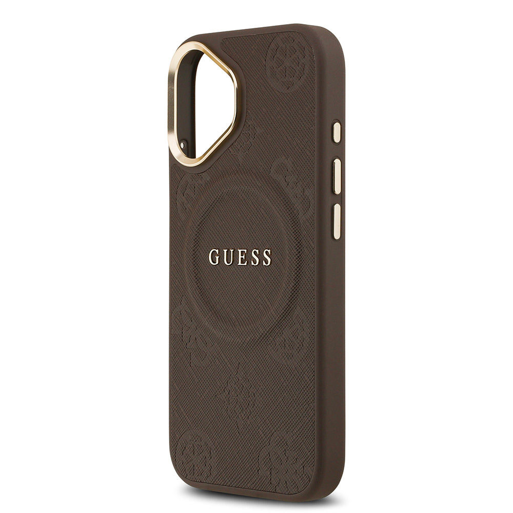 Apple iPhone 17 Kılıf Guess Orjinal Lisanslı M-safe Şarj Özellikli Sıcak Baskılı Yazı Logolu PU Deri Peony Kapak Kahverengi