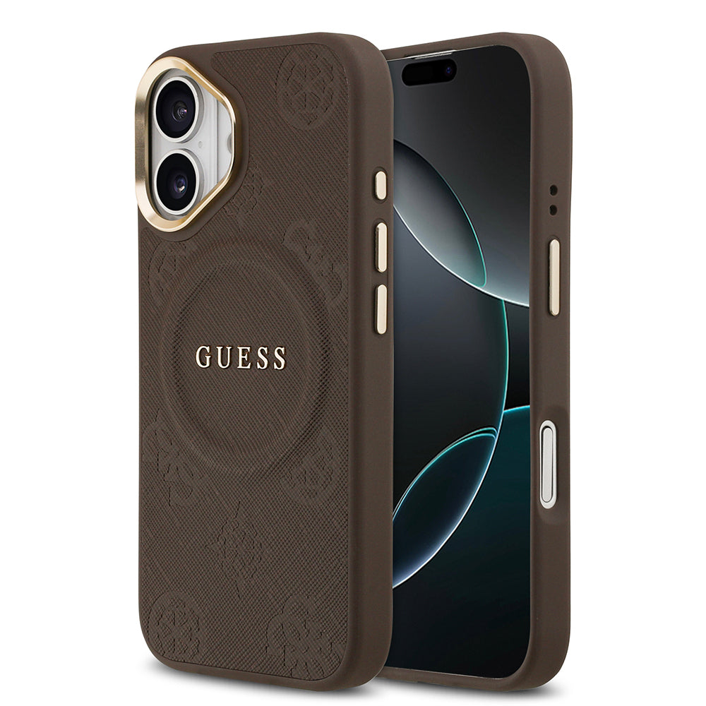 Apple iPhone 17 Kılıf Guess Orjinal Lisanslı M-safe Şarj Özellikli Sıcak Baskılı Yazı Logolu PU Deri Peony Kapak Kahverengi
