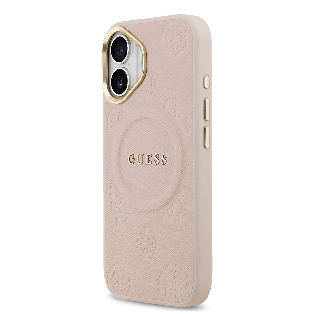 Apple iPhone 17 Kılıf Guess Orjinal Lisanslı M-safe Şarj Özellikli Sıcak Baskılı Yazı Logolu PU Deri Peony Kapak Pembe