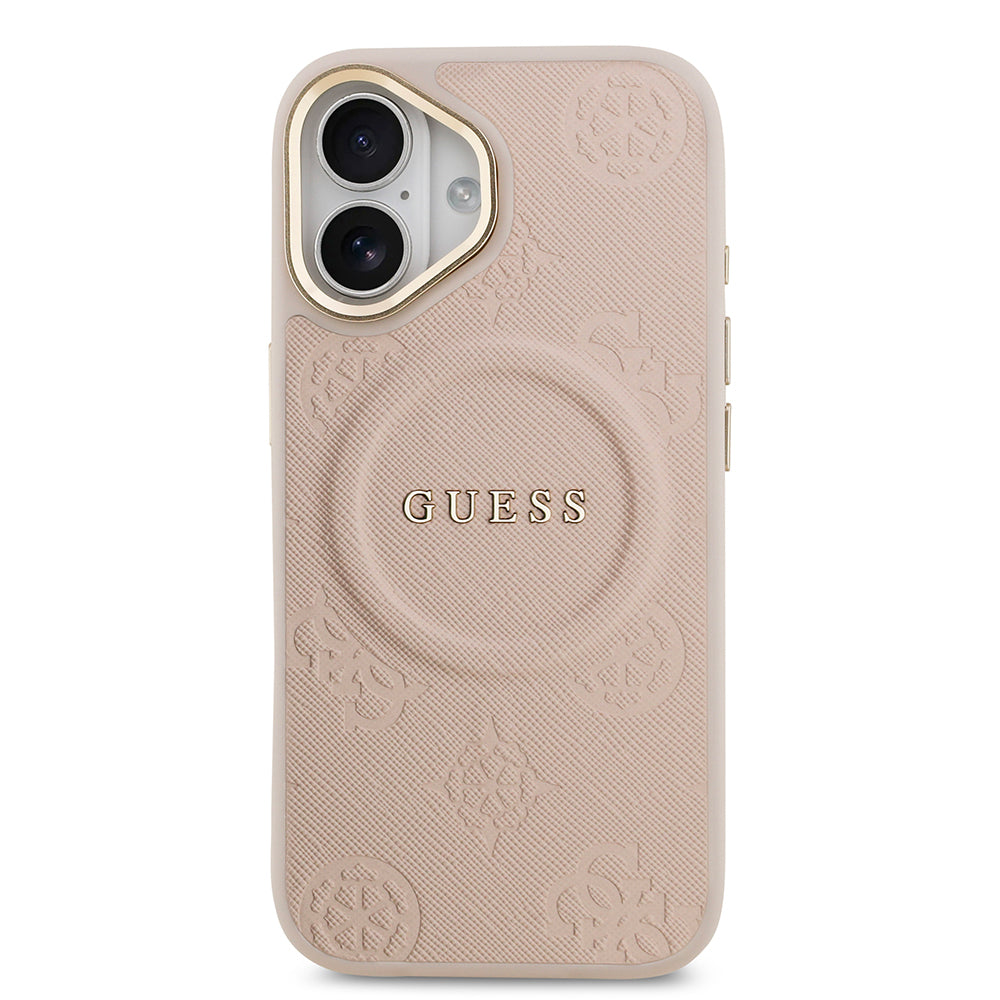 Apple iPhone 17 Kılıf Guess Orjinal Lisanslı M-safe Şarj Özellikli Sıcak Baskılı Yazı Logolu PU Deri Peony Kapak Pembe