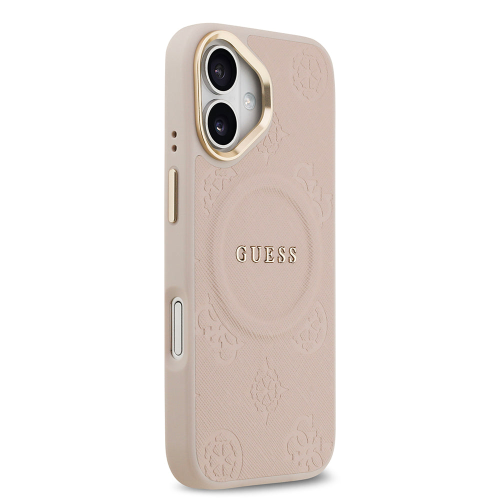 Apple iPhone 17 Kılıf Guess Orjinal Lisanslı M-safe Şarj Özellikli Sıcak Baskılı Yazı Logolu PU Deri Peony Kapak Pembe
