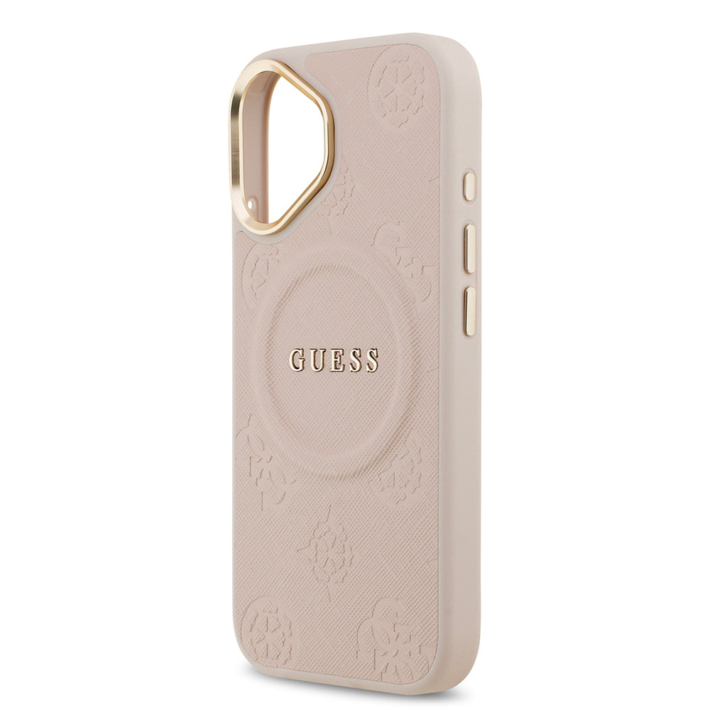 Apple iPhone 17 Kılıf Guess Orjinal Lisanslı M-safe Şarj Özellikli Sıcak Baskılı Yazı Logolu PU Deri Peony Kapak Pembe