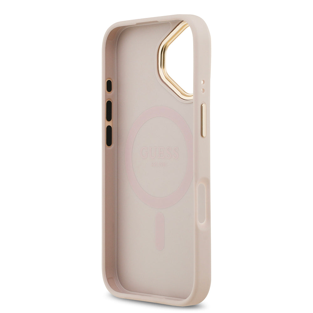 Apple iPhone 17 Kılıf Guess Orjinal Lisanslı M-safe Şarj Özellikli Sıcak Baskılı Yazı Logolu PU Deri Peony Kapak Pembe