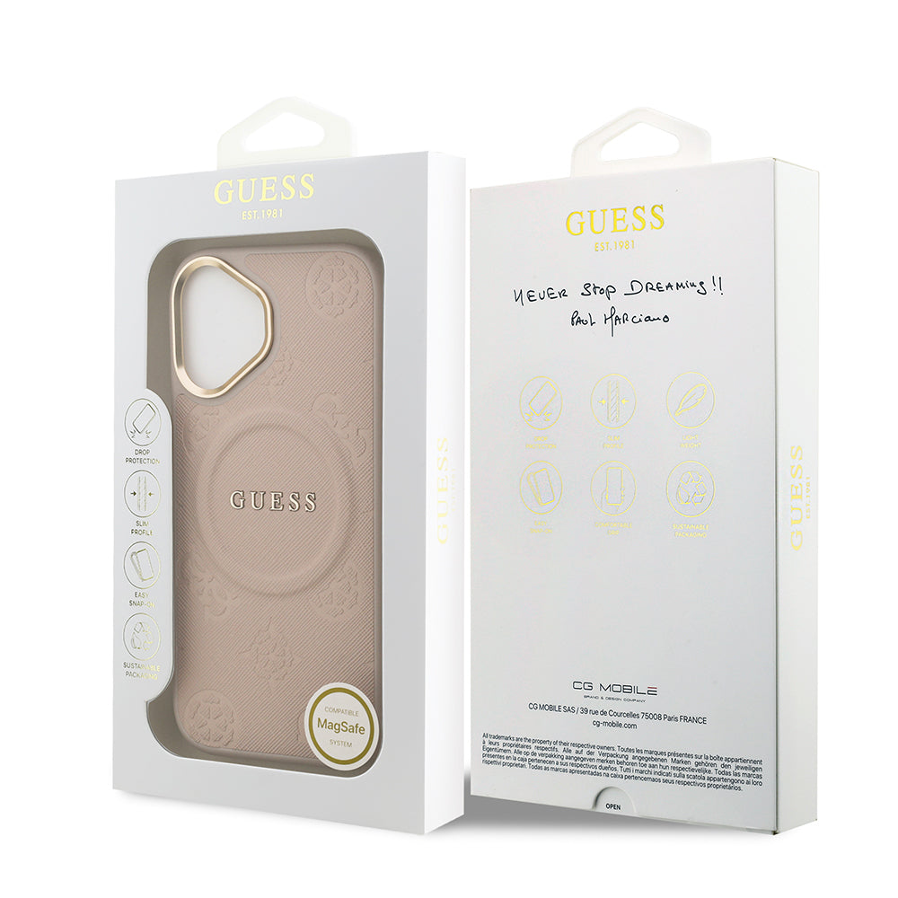 Apple iPhone 17 Kılıf Guess Orjinal Lisanslı M-safe Şarj Özellikli Sıcak Baskılı Yazı Logolu PU Deri Peony Kapak Pembe