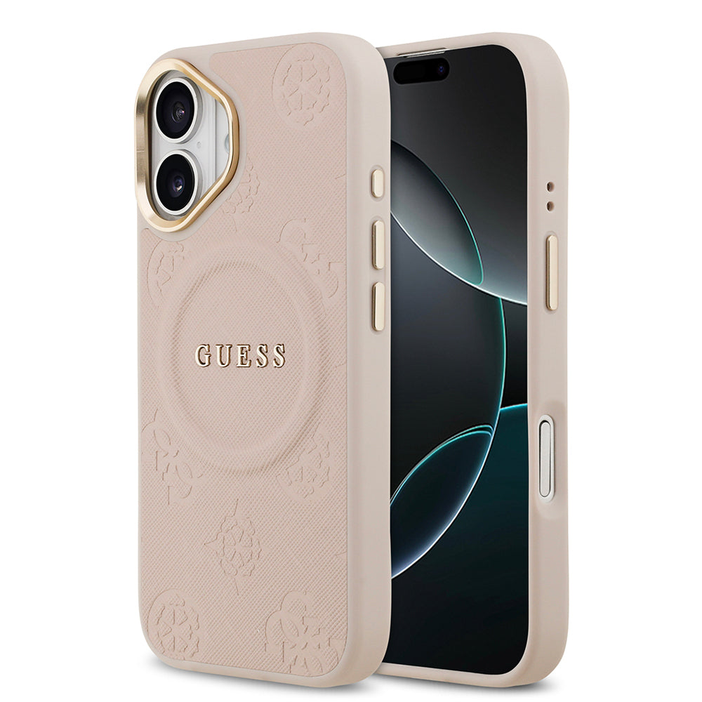 Apple iPhone 17 Kılıf Guess Orjinal Lisanslı M-safe Şarj Özellikli Sıcak Baskılı Yazı Logolu PU Deri Peony Kapak Pembe