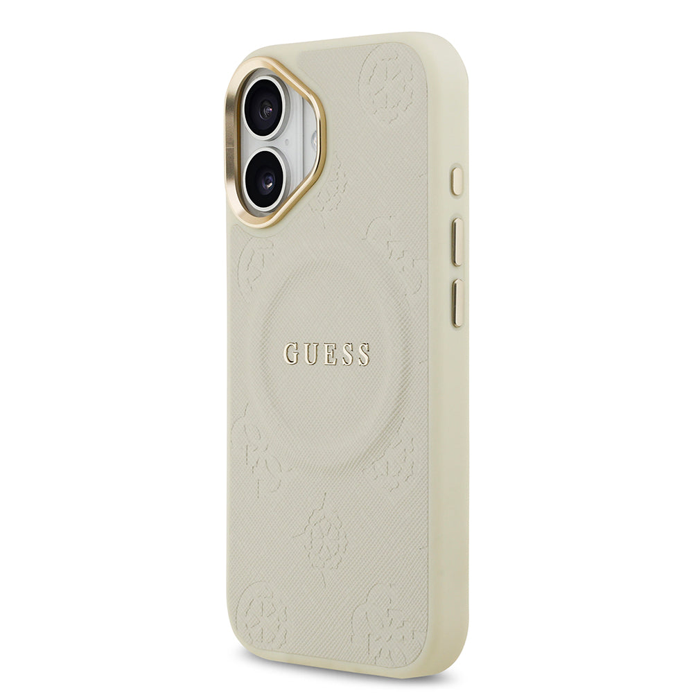 Apple iPhone 17 Kılıf Guess Orjinal Lisanslı M-safe Şarj Özellikli Sıcak Baskılı Yazı Logolu PU Deri Peony Kapak Bej