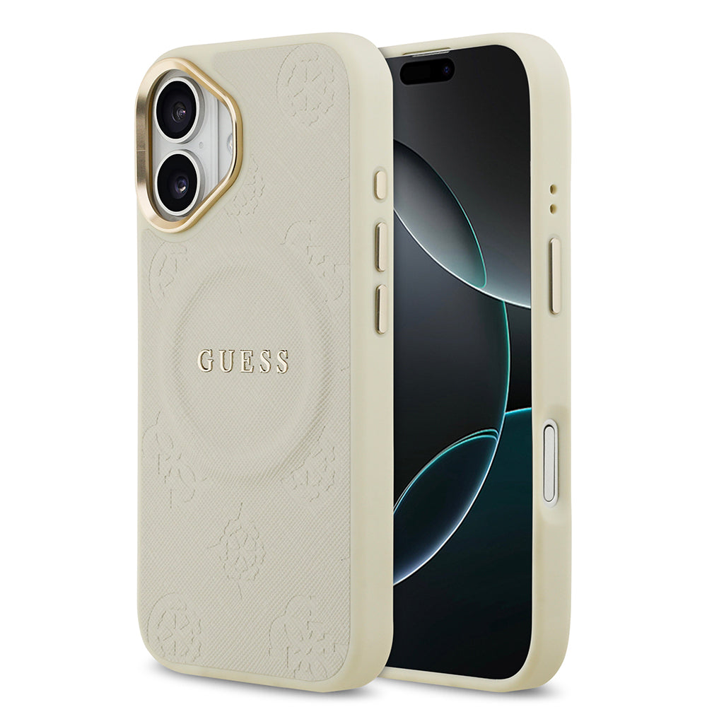 Apple iPhone 17 Kılıf Guess Orjinal Lisanslı M-safe Şarj Özellikli Sıcak Baskılı Yazı Logolu PU Deri Peony Kapak Bej