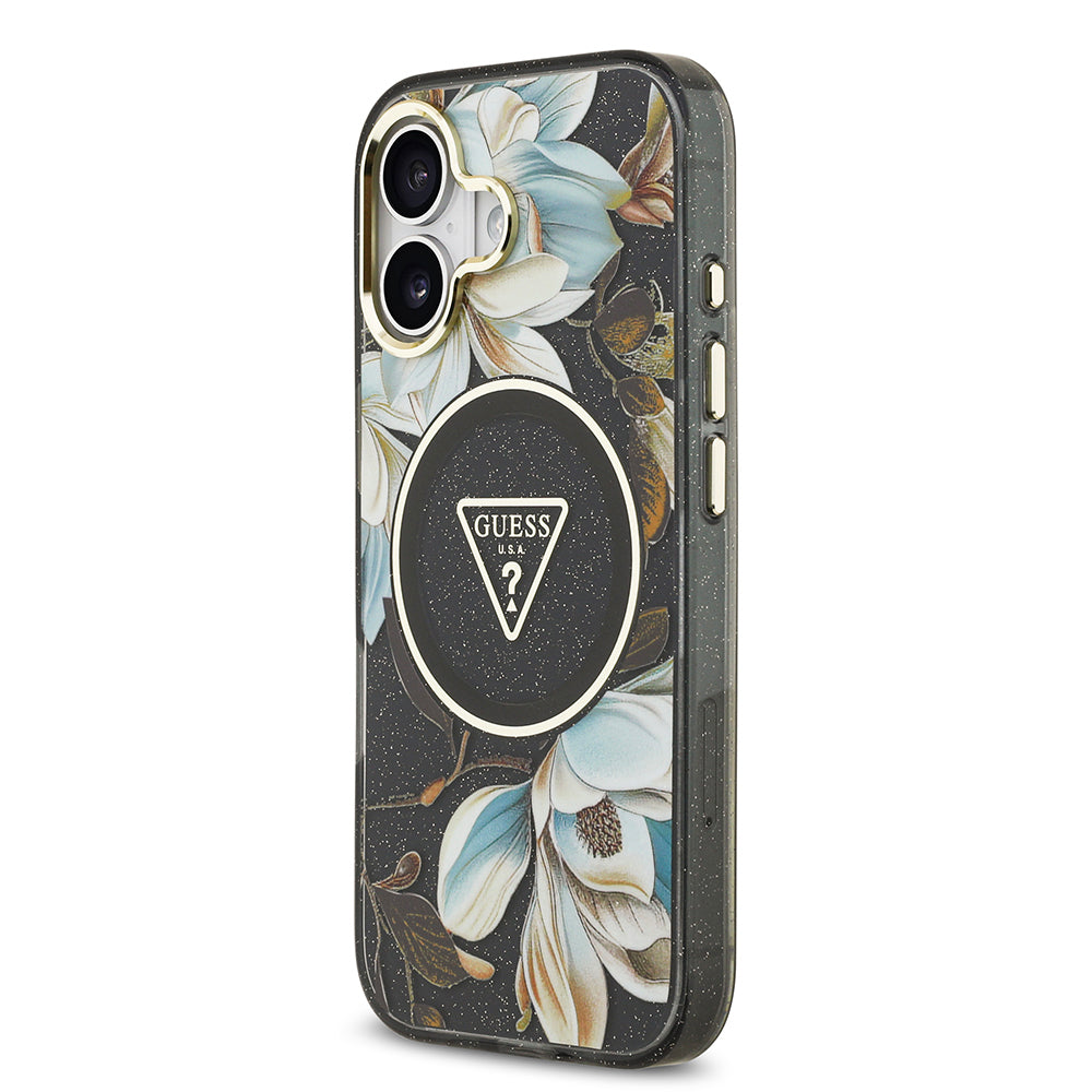 Apple iPhone 17 Kılıf Guess Orjinal Lisanslı M-safe Şarj Özellikli Simli Çiçek Desenli Metal Kamera Çerçeveli Üçgen Logolu Kapak Siyah