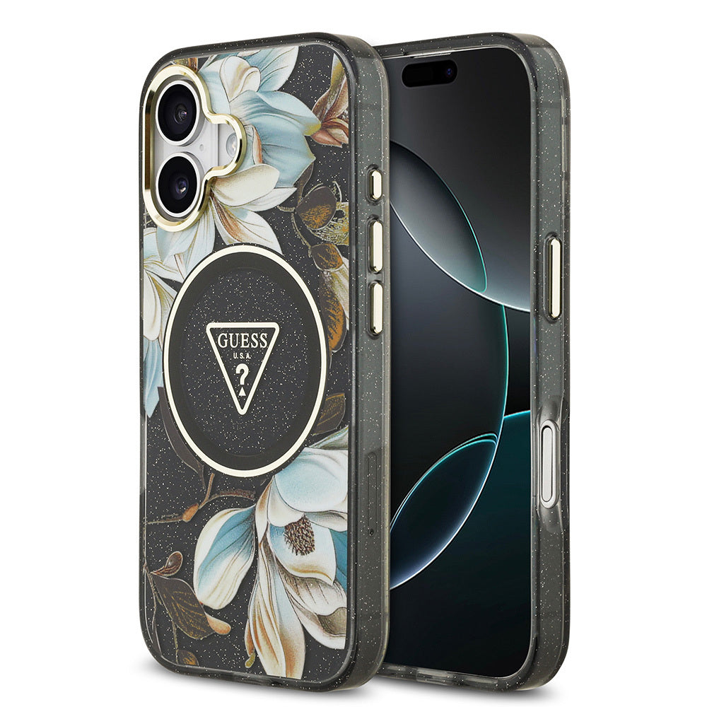 Apple iPhone 17 Kılıf Guess Orjinal Lisanslı M-safe Şarj Özellikli Simli Çiçek Desenli Metal Kamera Çerçeveli Üçgen Logolu Kapak Siyah