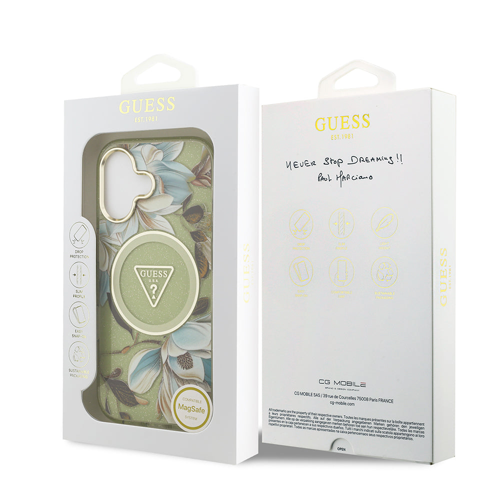 Apple iPhone 17 Kılıf Guess Orjinal Lisanslı M-safe Şarj Özellikli Simli Çiçek Desenli Metal Kamera Çerçeveli Üçgen Logolu Kapak Yeşil