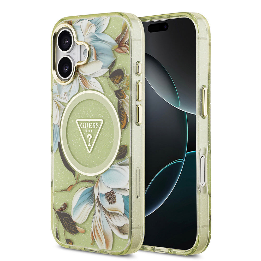Apple iPhone 17 Kılıf Guess Orjinal Lisanslı M-safe Şarj Özellikli Simli Çiçek Desenli Metal Kamera Çerçeveli Üçgen Logolu Kapak Yeşil
