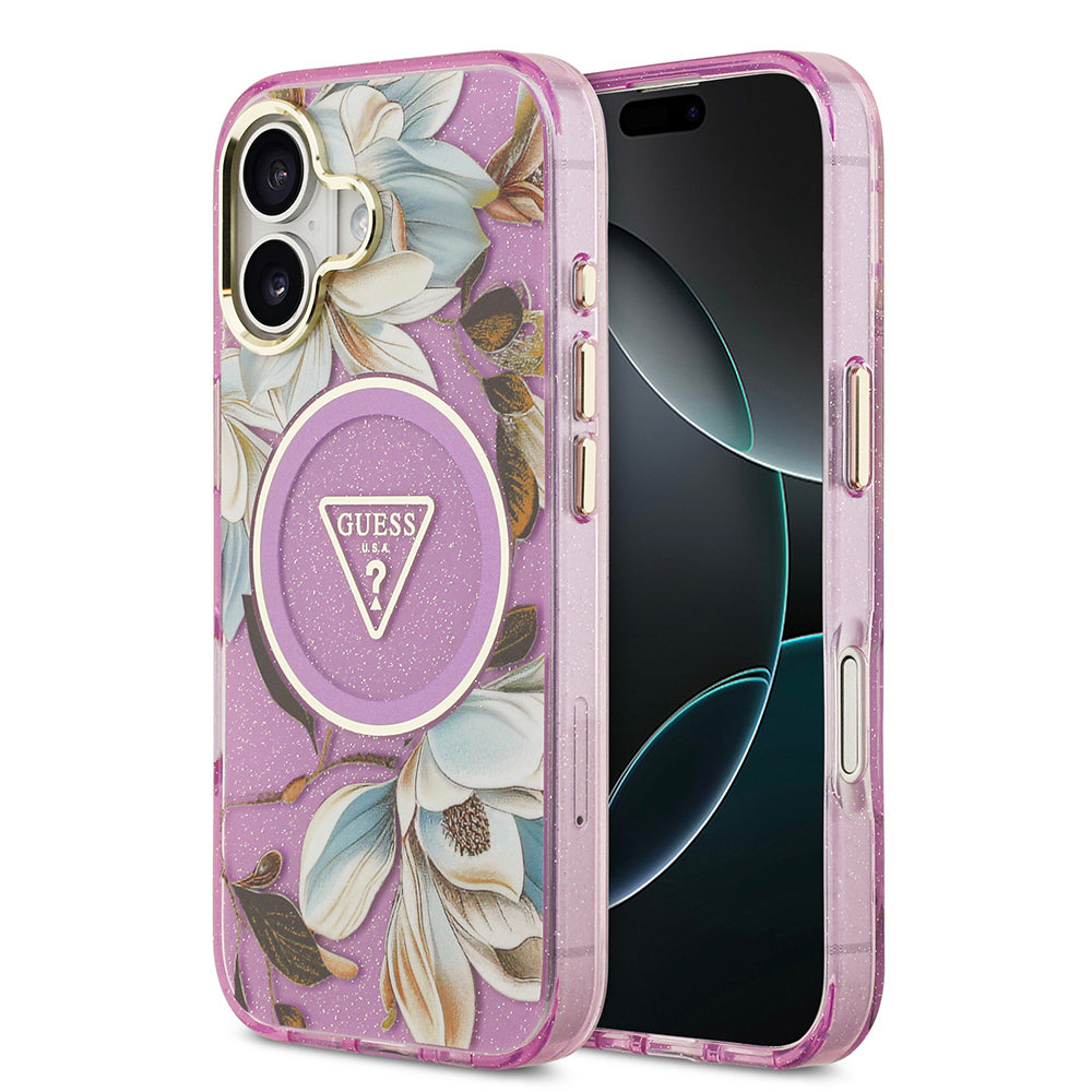 Apple iPhone 17 Kılıf Guess Orjinal Lisanslı M-safe Şarj Özellikli Simli Çiçek Desenli Metal Kamera Çerçeveli Üçgen Logolu Kapak Mor