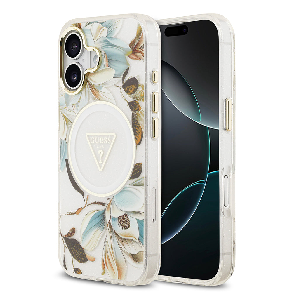 Apple iPhone 17 Kılıf Guess Orjinal Lisanslı M-safe Şarj Özellikli Simli Çiçek Desenli Metal Kamera Çerçeveli Üçgen Logolu Kapak Beyaz