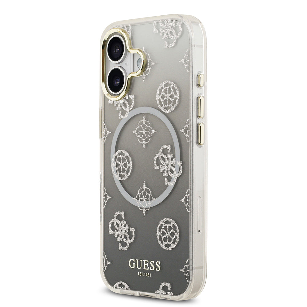 Apple iPhone 17 Kılıf Guess Orjinal Lisanslı M-safe Şarj Özellikli Simli Peony Desenli Silikon Kapak Siyah