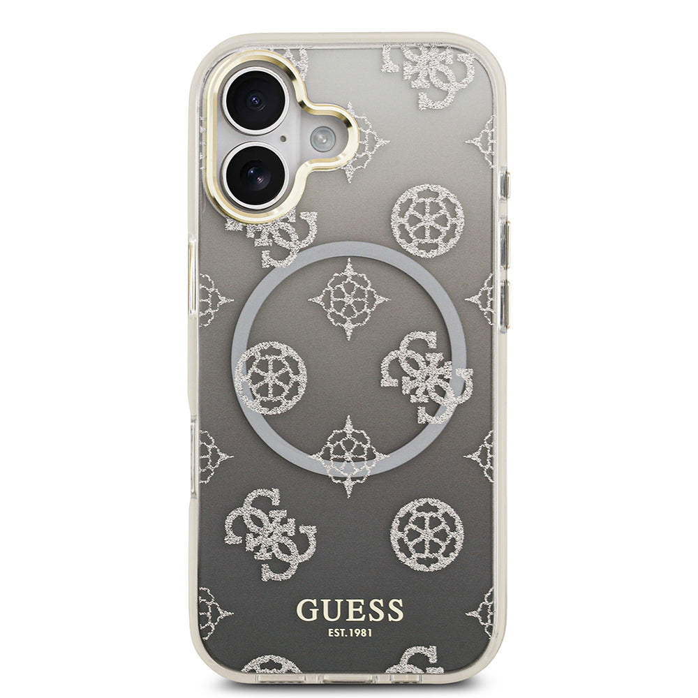 Apple iPhone 17 Kılıf Guess Orjinal Lisanslı M-safe Şarj Özellikli Simli Peony Desenli Silikon Kapak Siyah