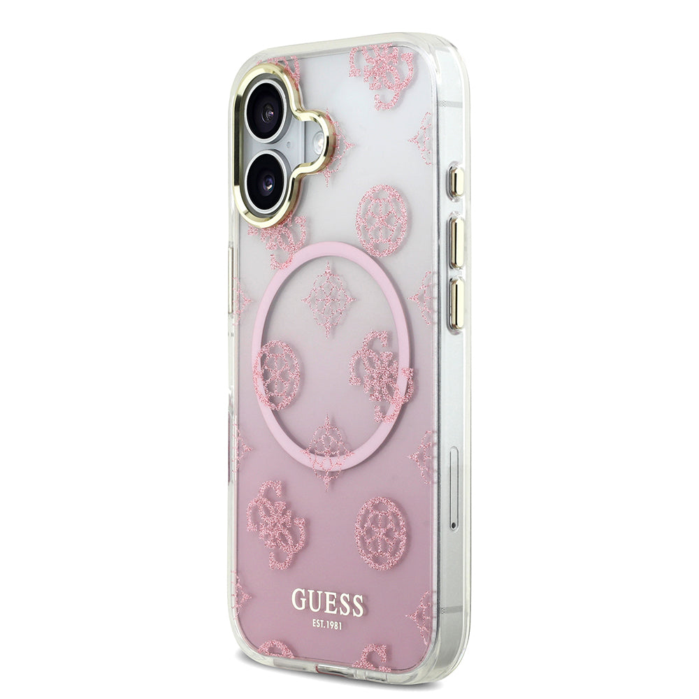 Apple iPhone 17 Kılıf Guess Orjinal Lisanslı M-safe Şarj Özellikli Simli Peony Desenli Silikon Kapak Pembe