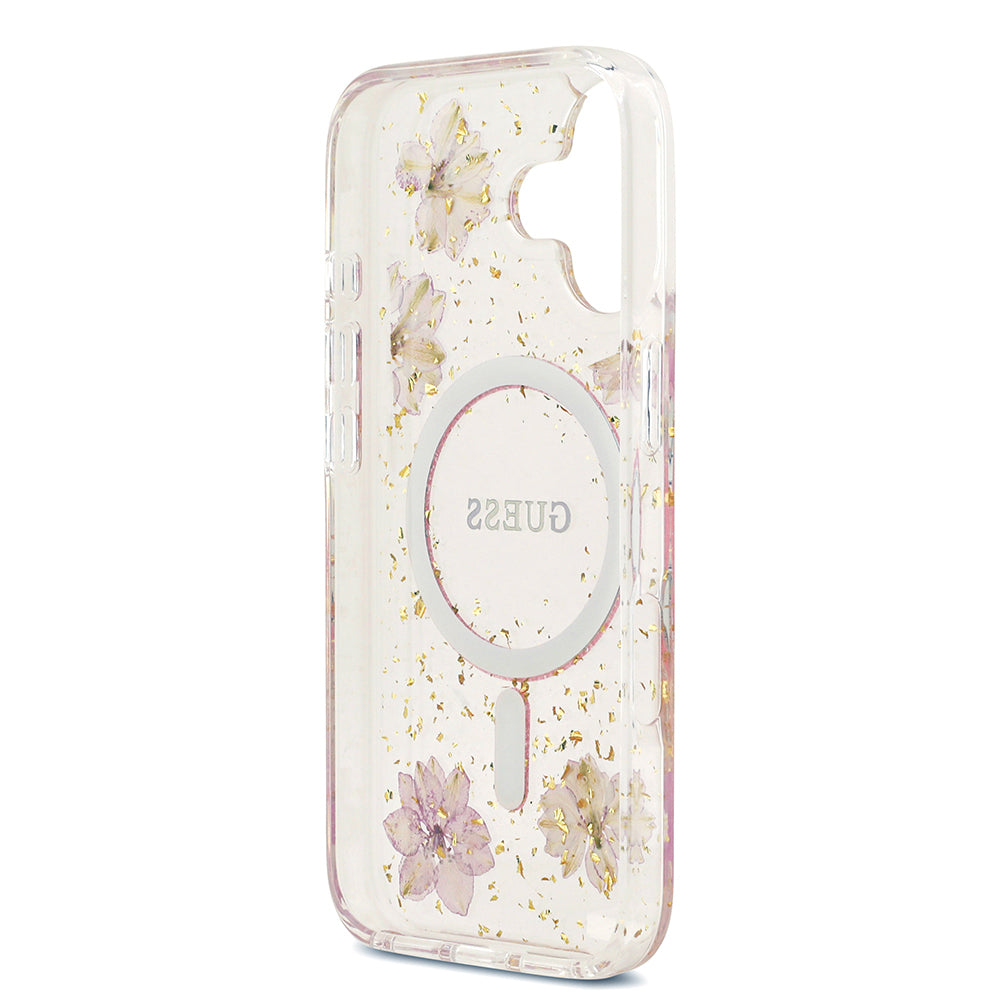 Apple iPhone 17 Kılıf Guess Orjinal Lisanslı M-safe Şarj Özellikli Transparan Resin Flowers Kapak Pembe